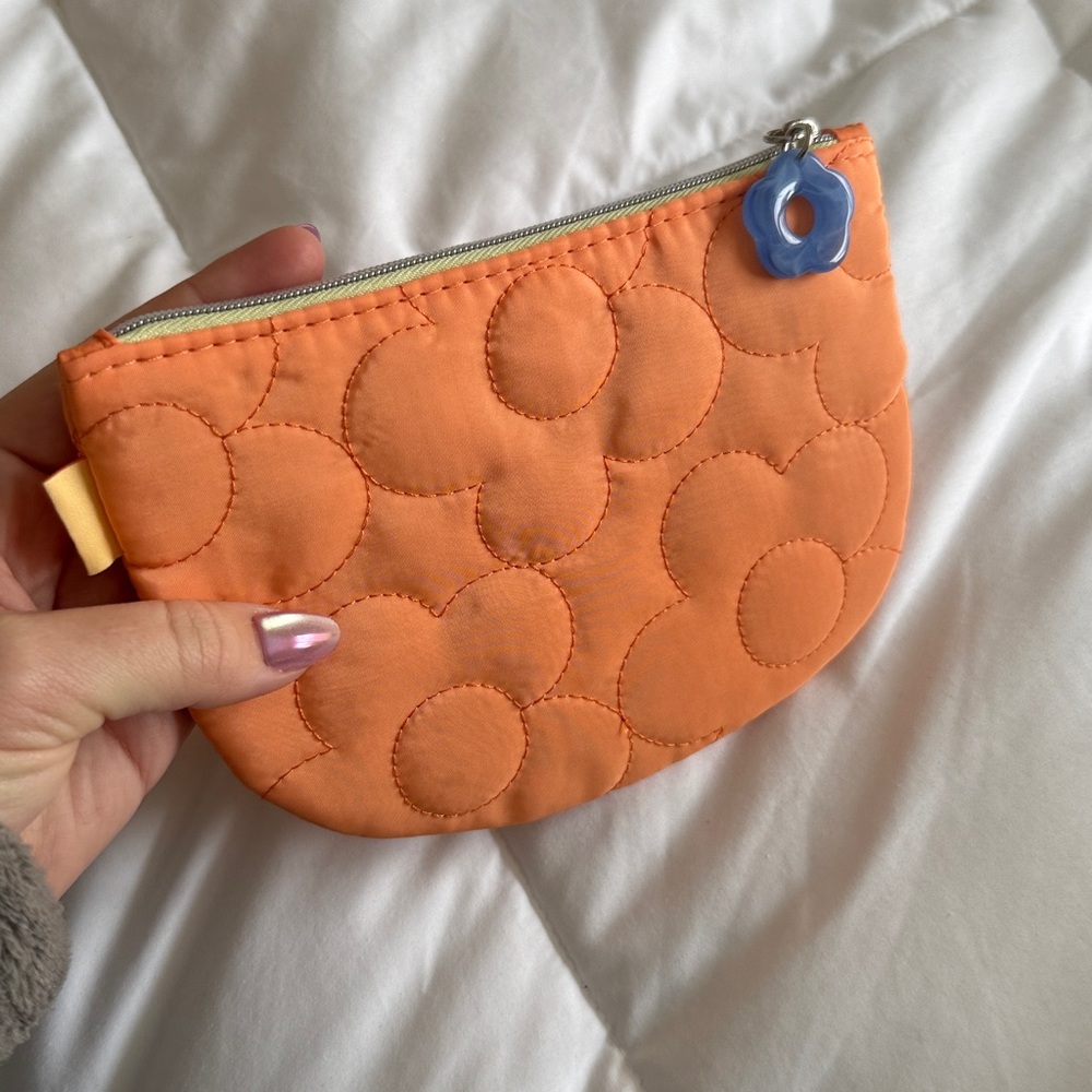 NWT April Ipsy Glam Bag! Orange Quilted Pouch with Blue Flower Charm